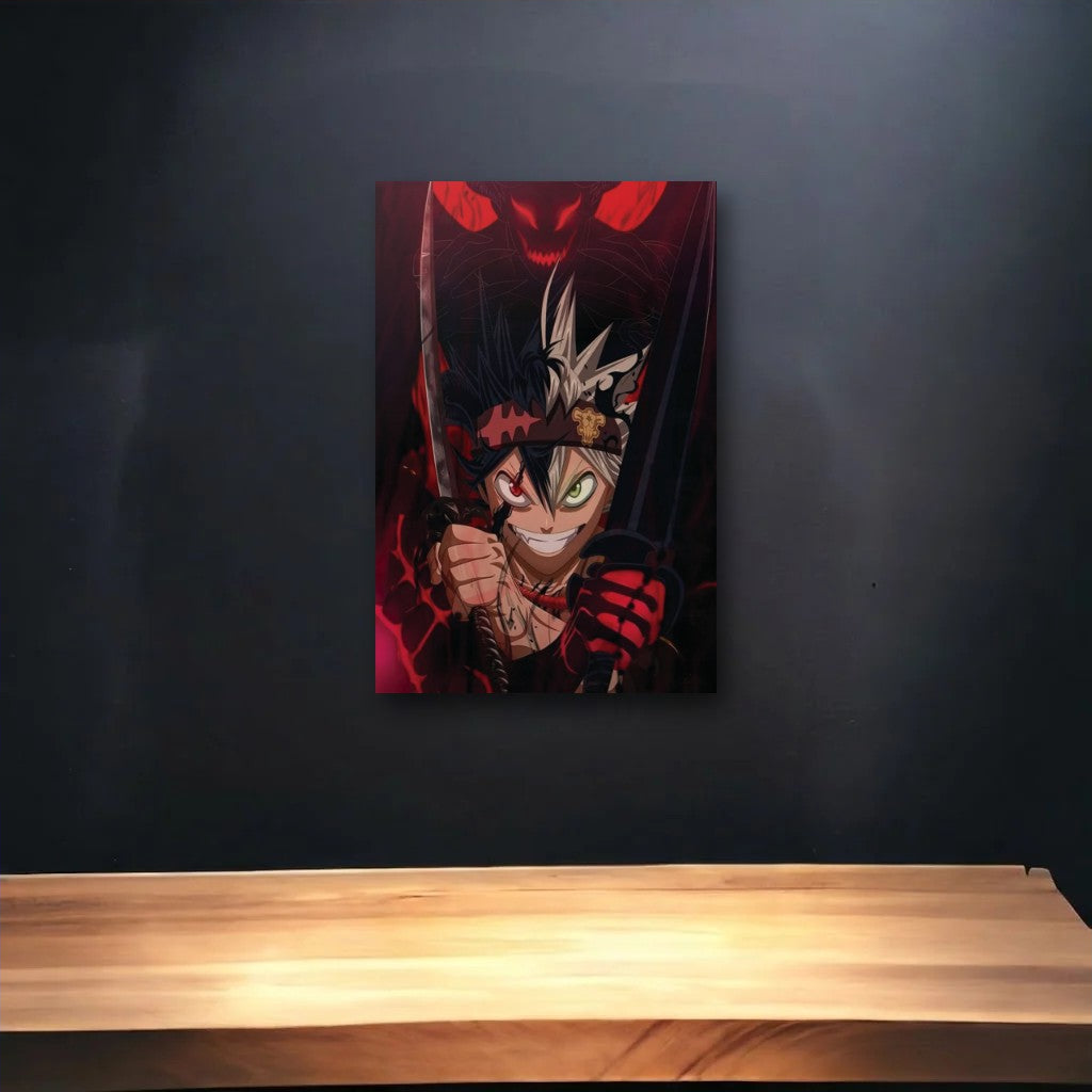 Anime Art glossy acrylic art above a wooden shelf