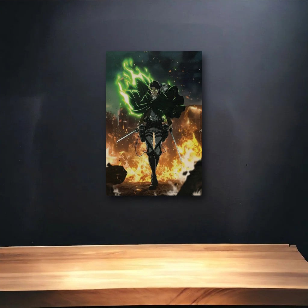 Anime Art glossy acrylic art above a wooden shelf