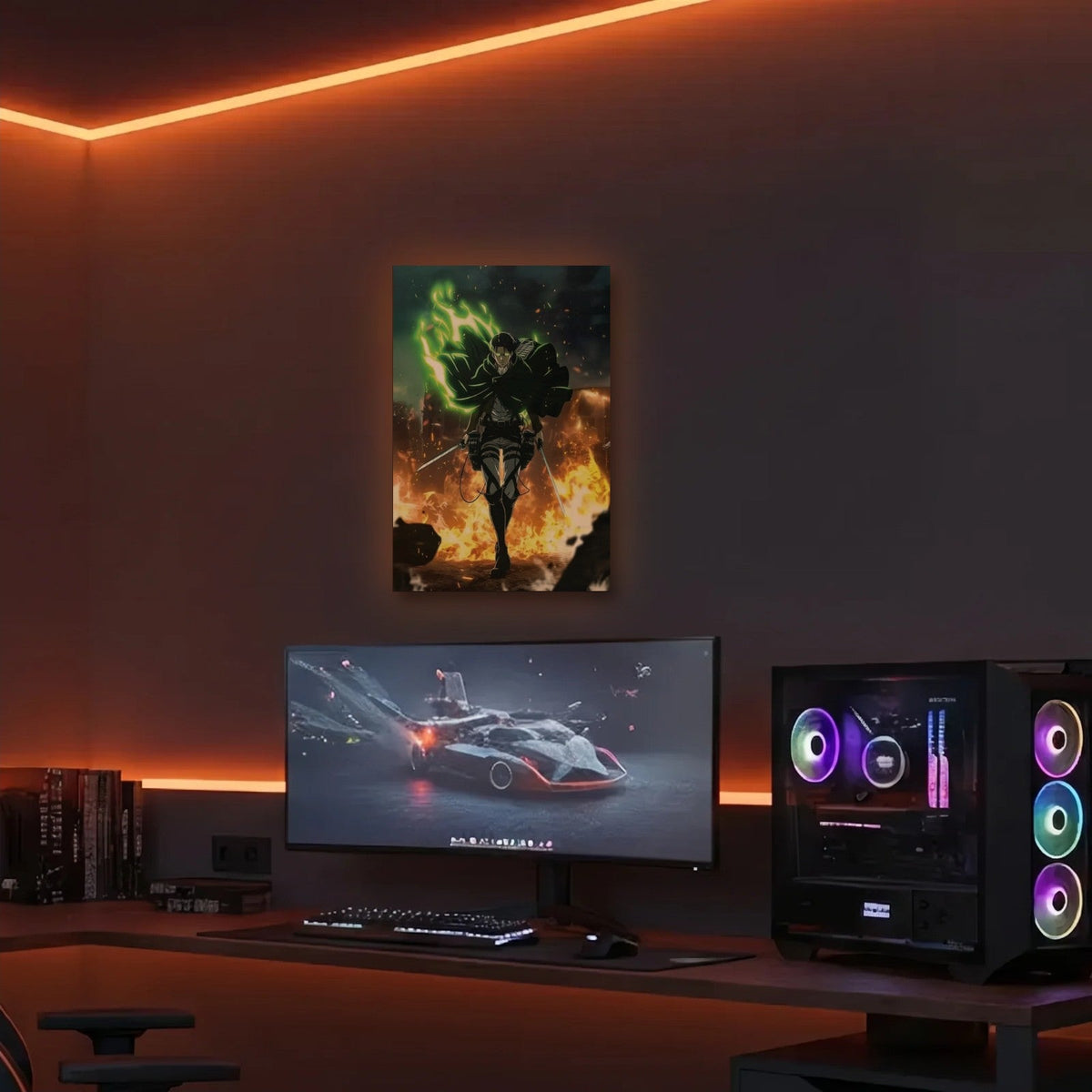 Anime Art acrylic wall art in an orange LED gaming room