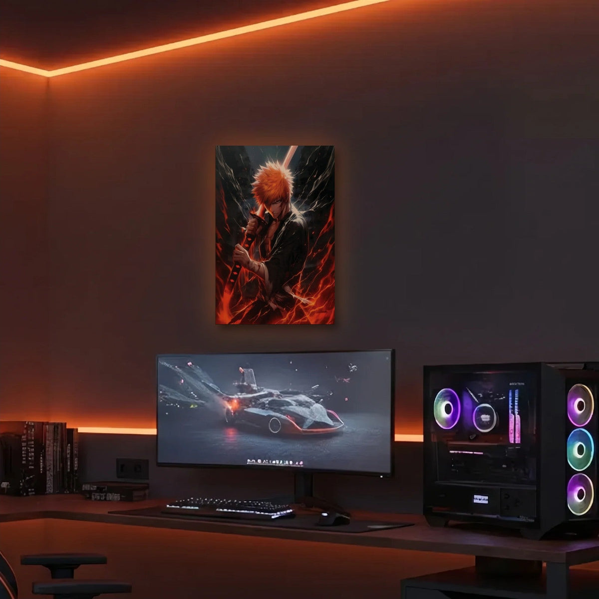 Anime Art acrylic wall art in an orange LED gaming room