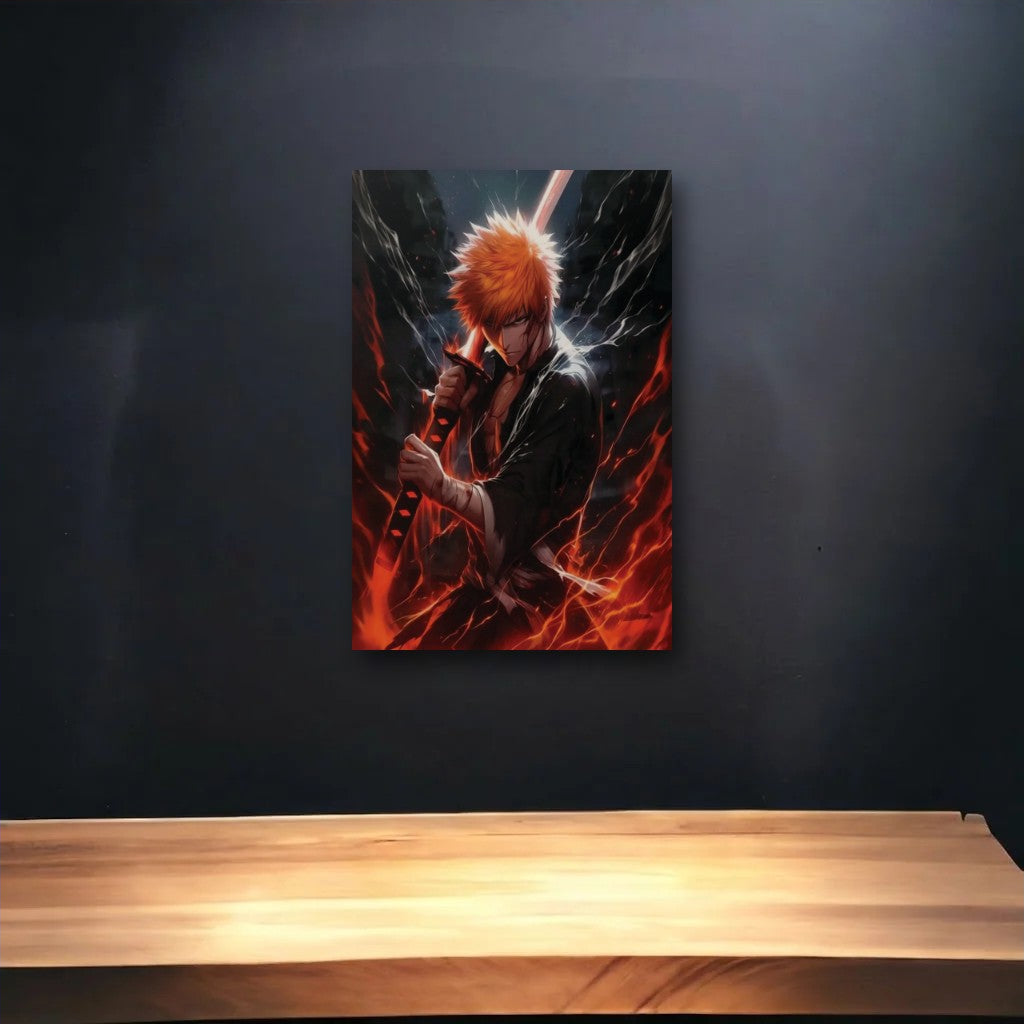 Anime Art glossy acrylic art above a wooden shelf