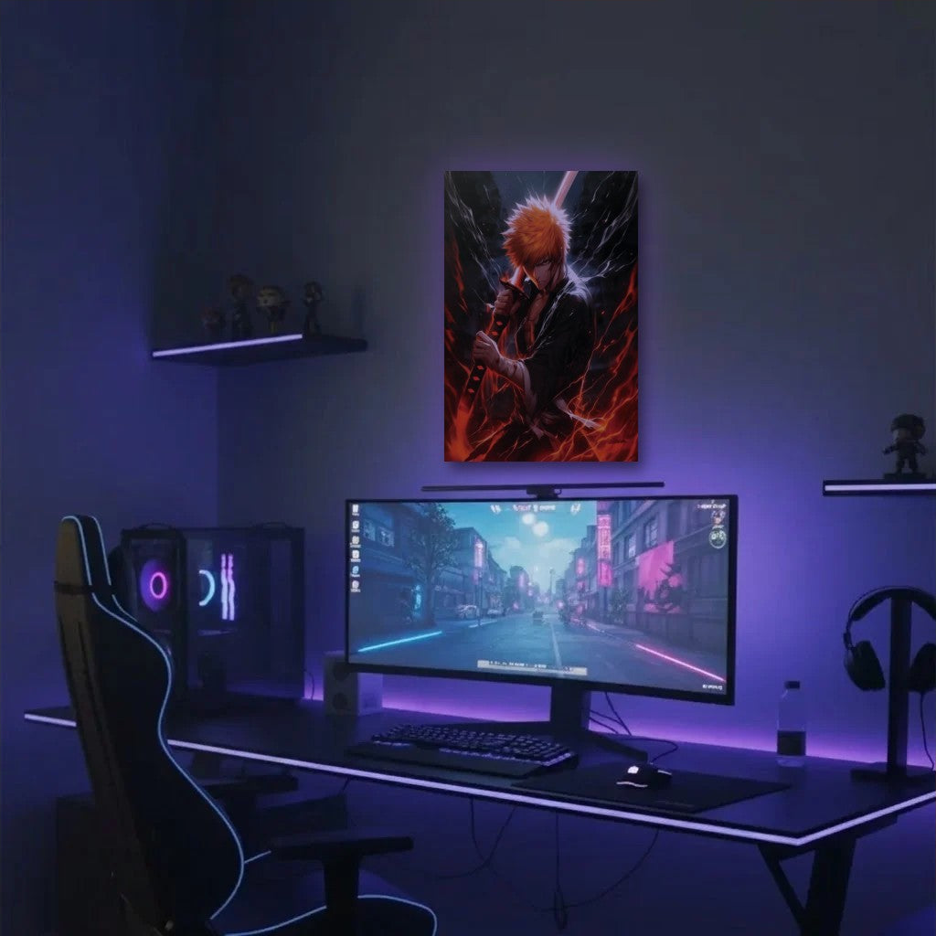 Anime Art acrylic wall art in a purple gaming setup