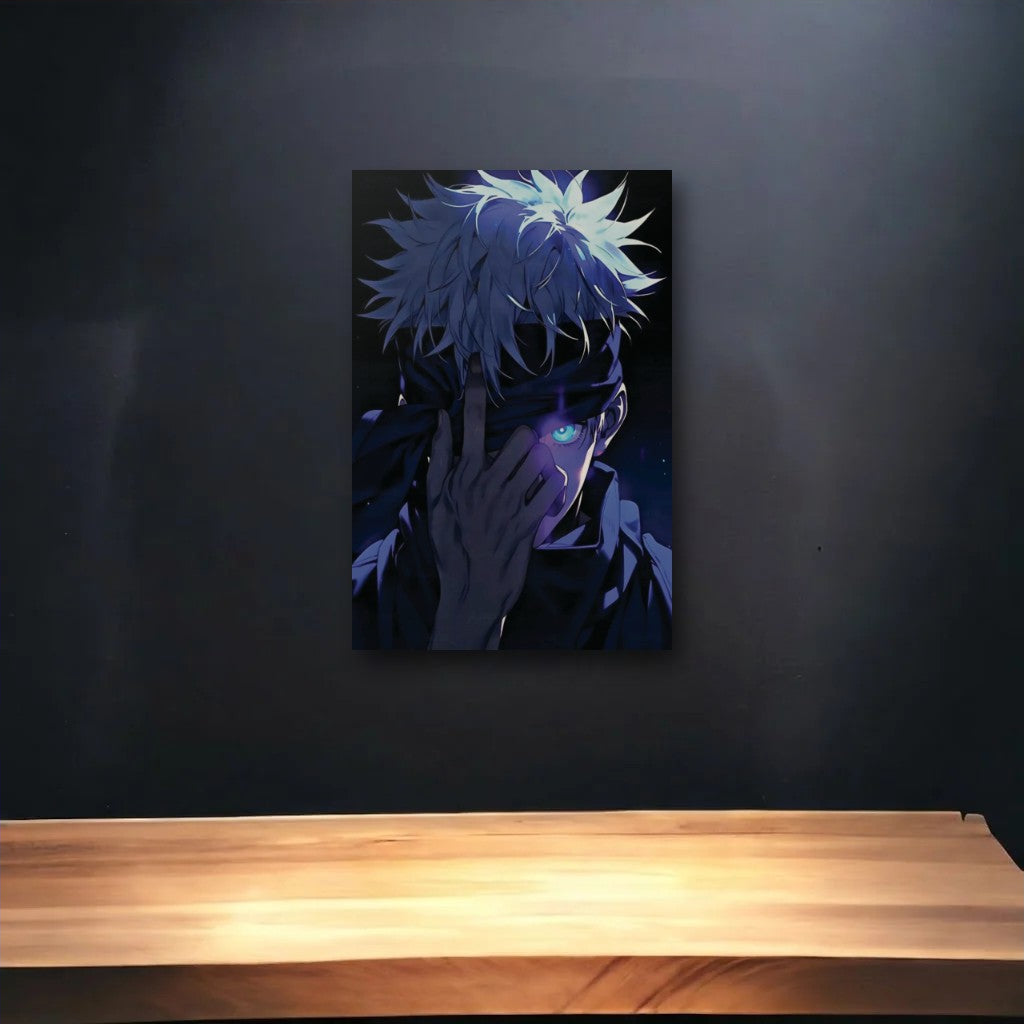 Anime Art glossy acrylic art above a wooden shelf