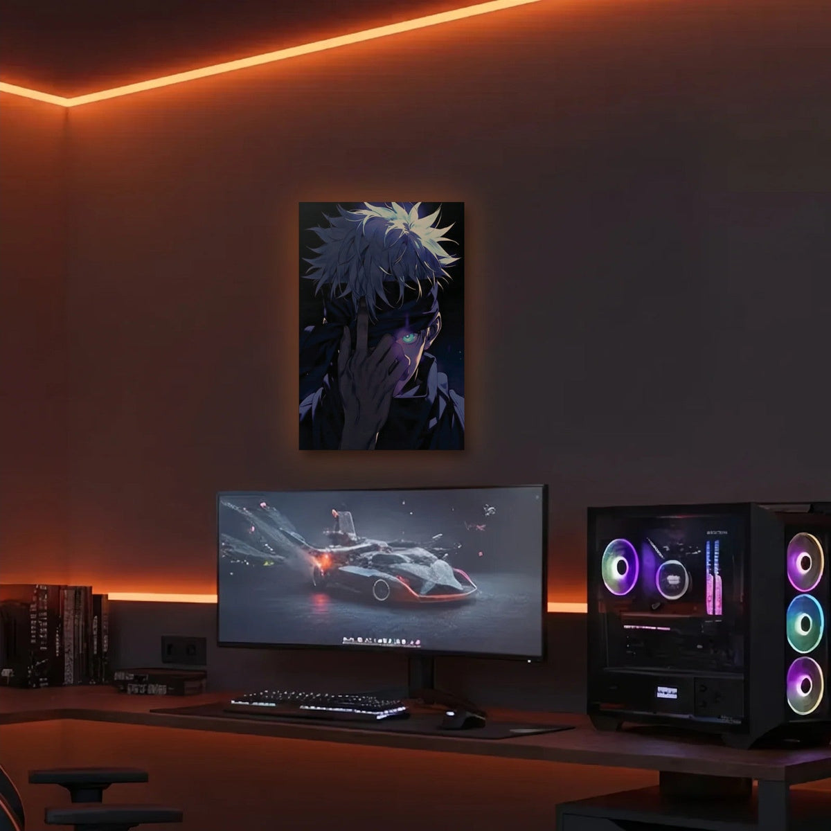 Anime Art acrylic wall art in an orange LED gaming room
