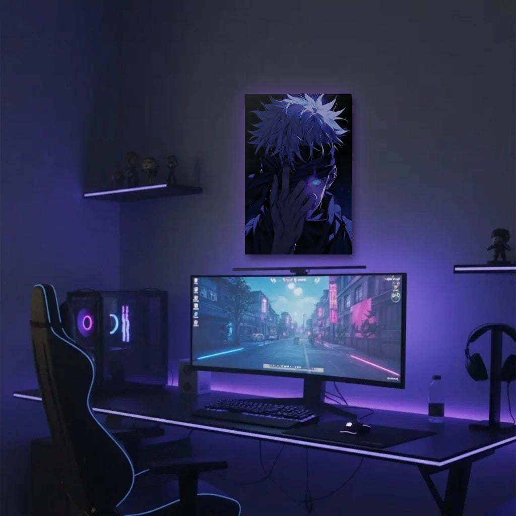 Anime Art acrylic wall art in a purple gaming setup