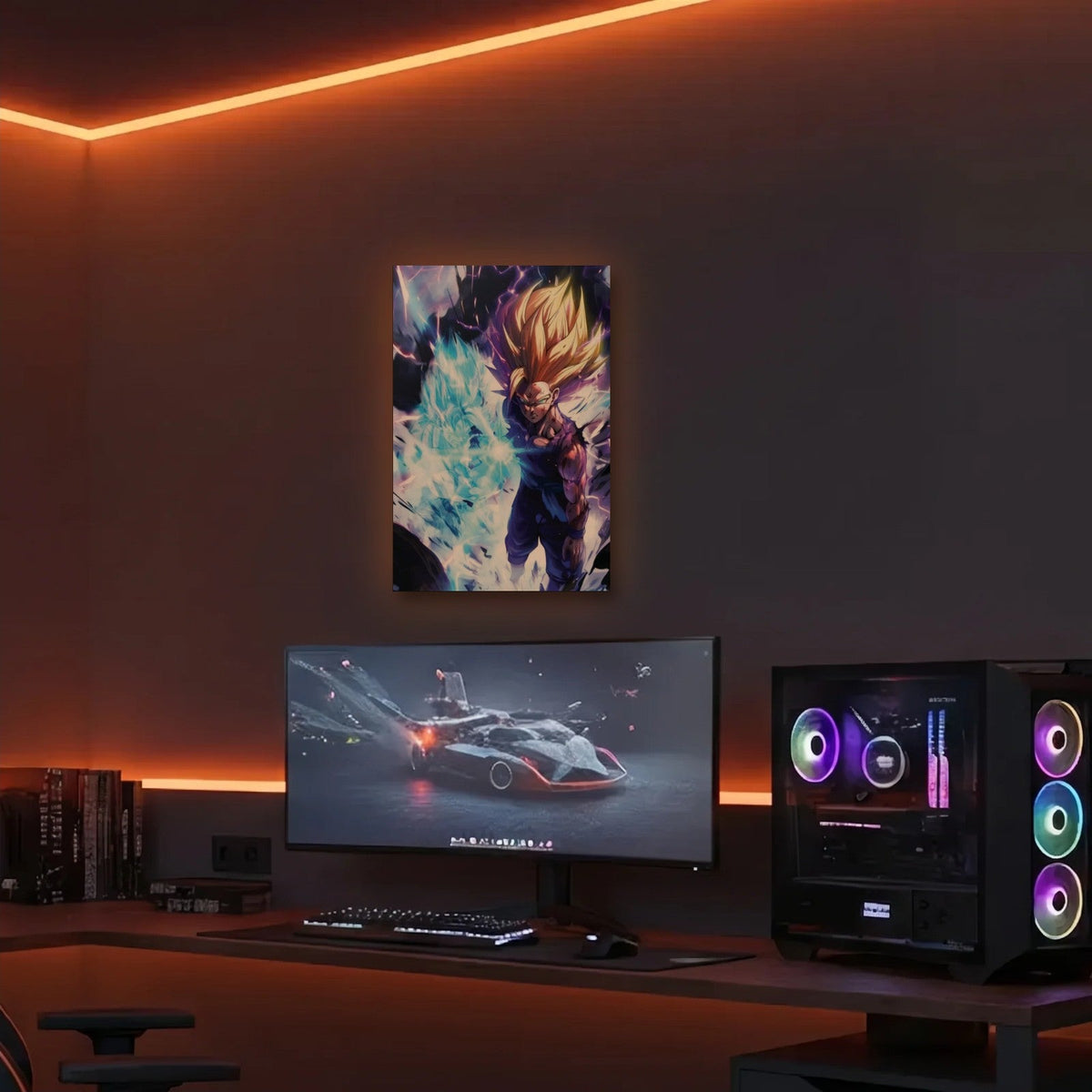 Anime Art acrylic wall art in an orange LED gaming room