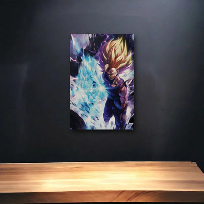 Anime Art glossy acrylic art above a wooden shelf