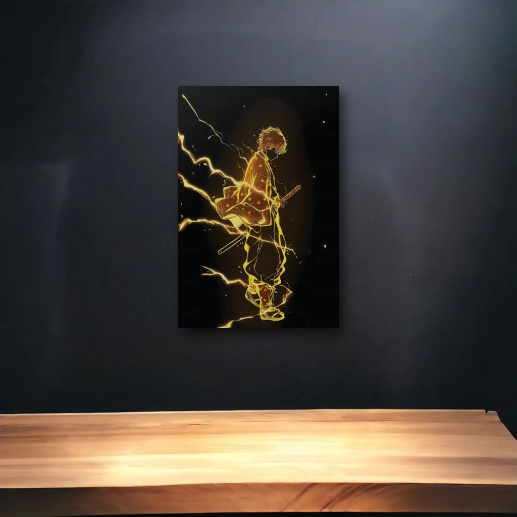 Anime Art glossy acrylic art above a wooden shelf
