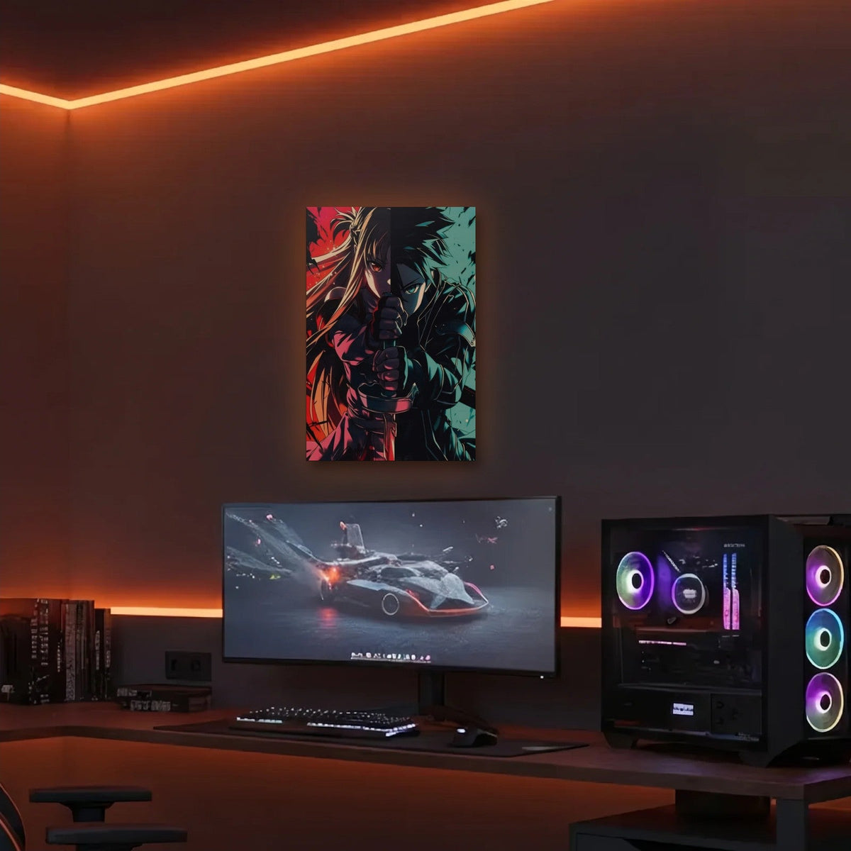 Anime Art acrylic wall art in an orange LED gaming room