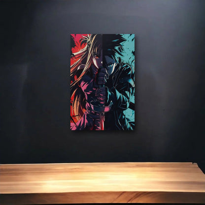 Anime Art glossy acrylic art above a wooden shelf