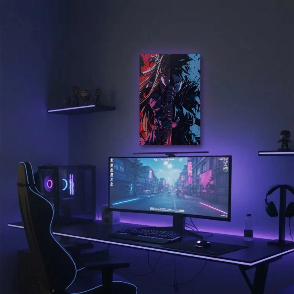 Anime Art acrylic wall art in a purple gaming setup