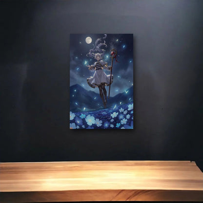 Anime Art glossy acrylic art above a wooden shelf
