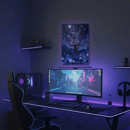 Anime Art acrylic wall art in a purple gaming setup
