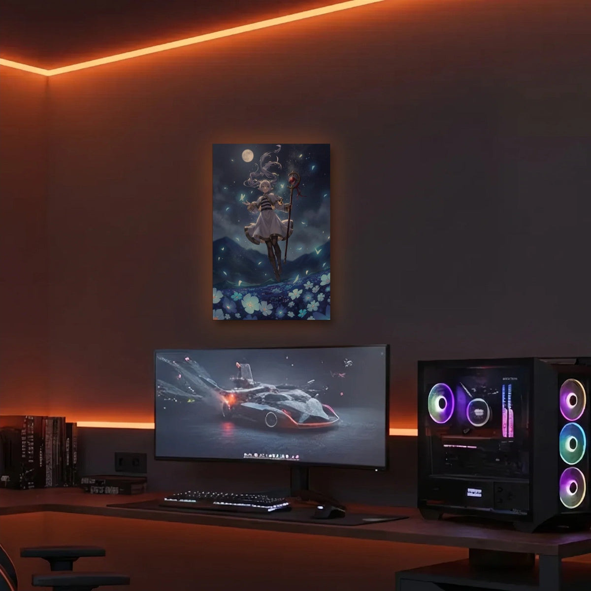 Anime Art acrylic wall art in an orange LED gaming room