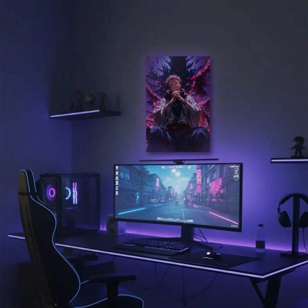 Anime Art acrylic wall art in a purple gaming setup