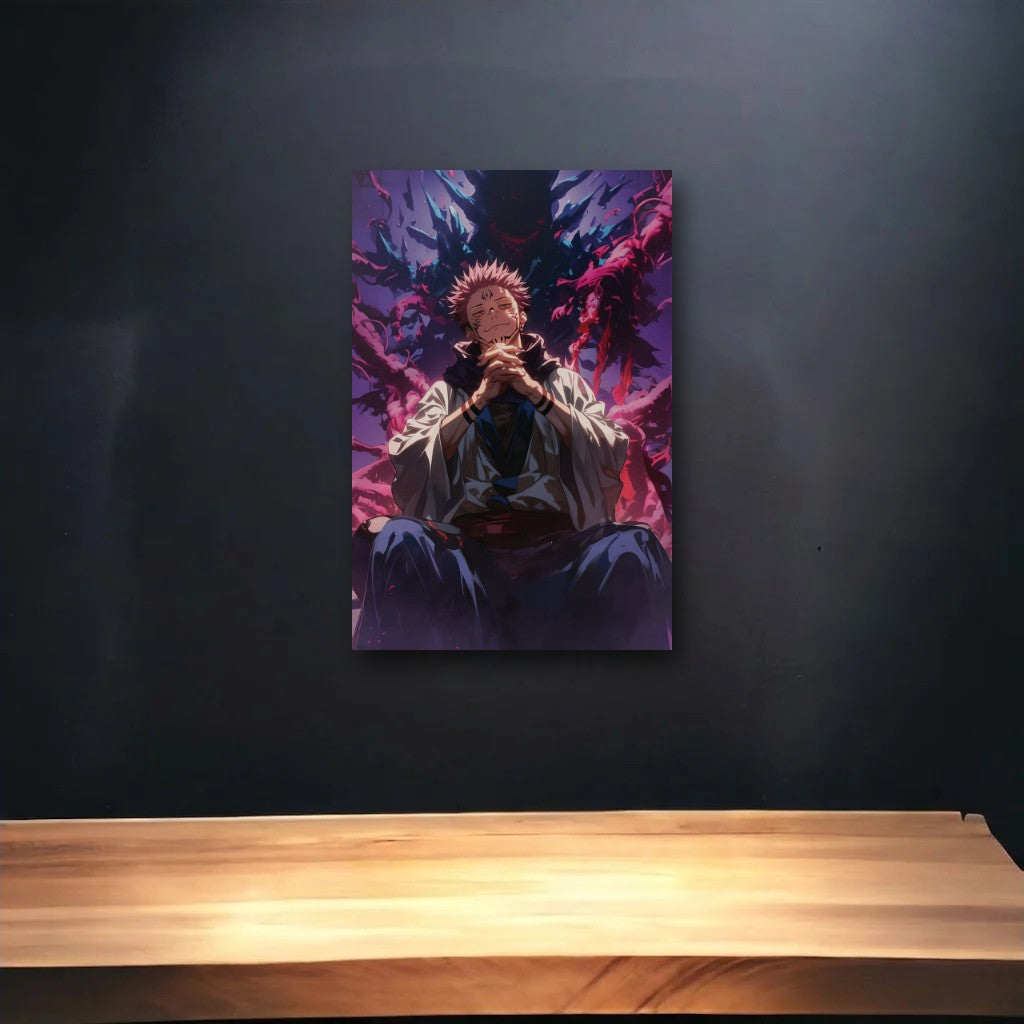 Anime Art glossy acrylic art above a wooden shelf