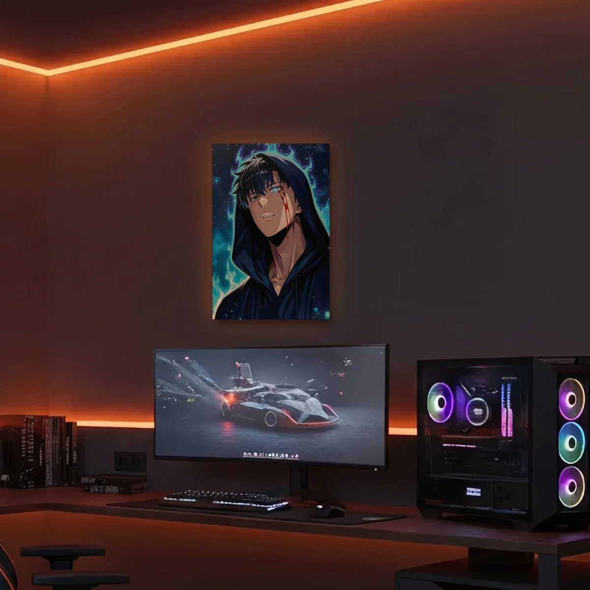 Anime Art acrylic wall art in an orange LED gaming room