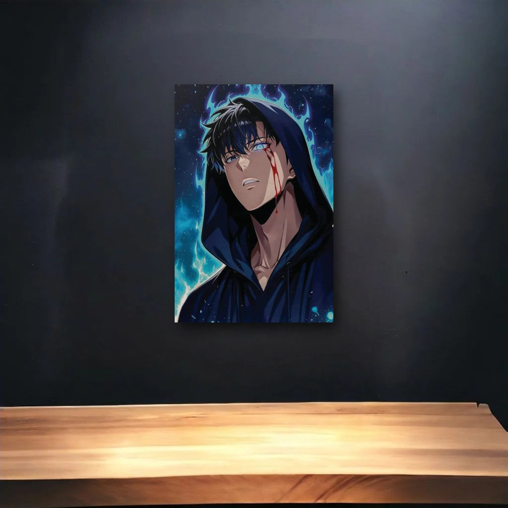 Anime Art glossy acrylic art above a wooden shelf