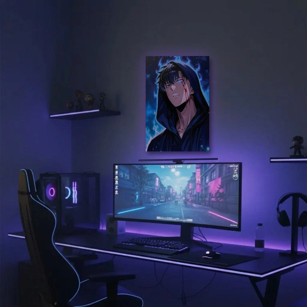 Anime Art acrylic wall art in a purple gaming setup