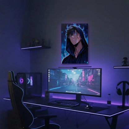 Anime Art acrylic wall art in a purple gaming setup