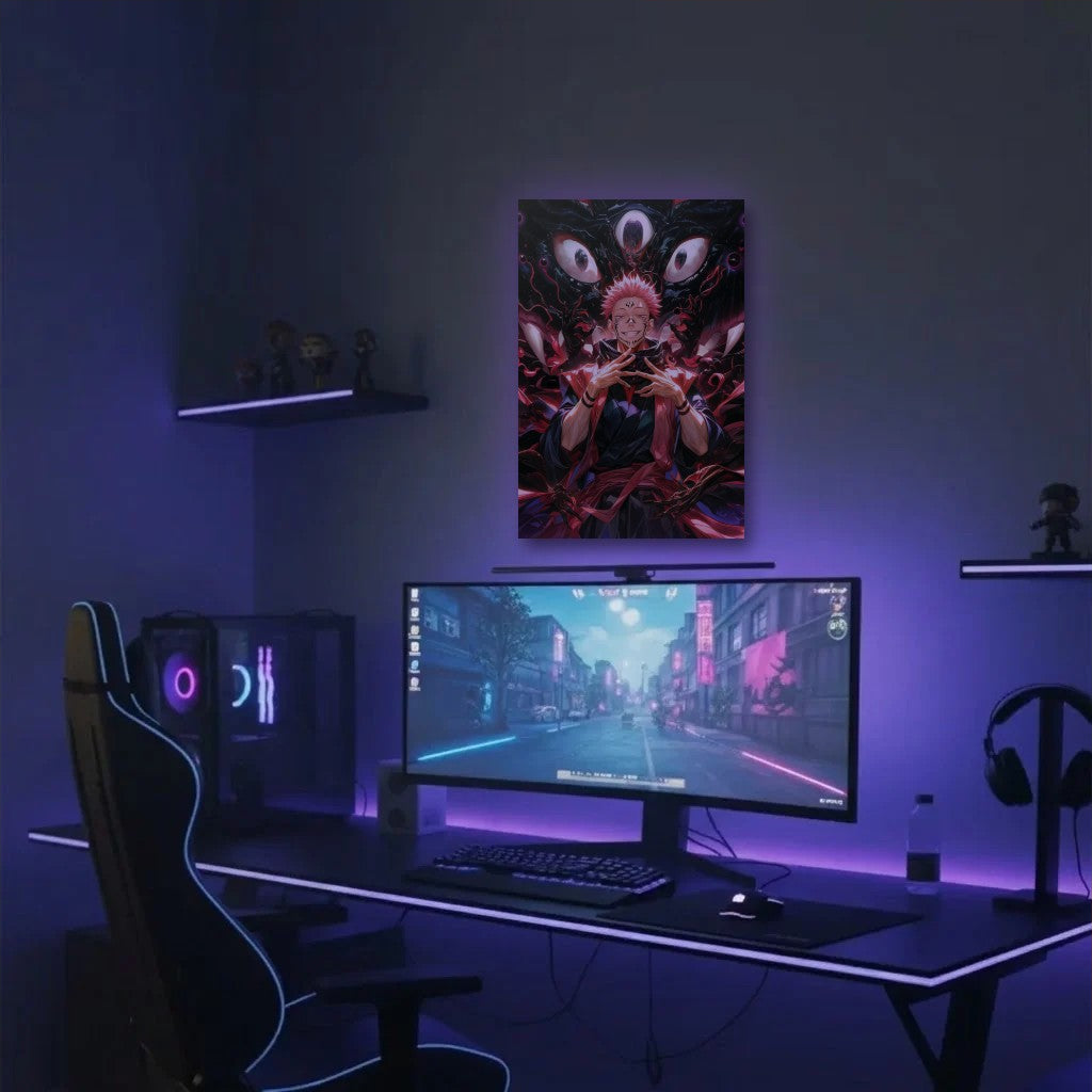 Anime Art acrylic wall art in a purple gaming setup