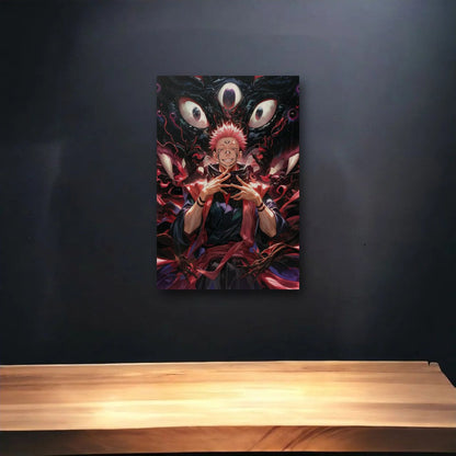 Anime Art glossy acrylic art above a wooden shelf