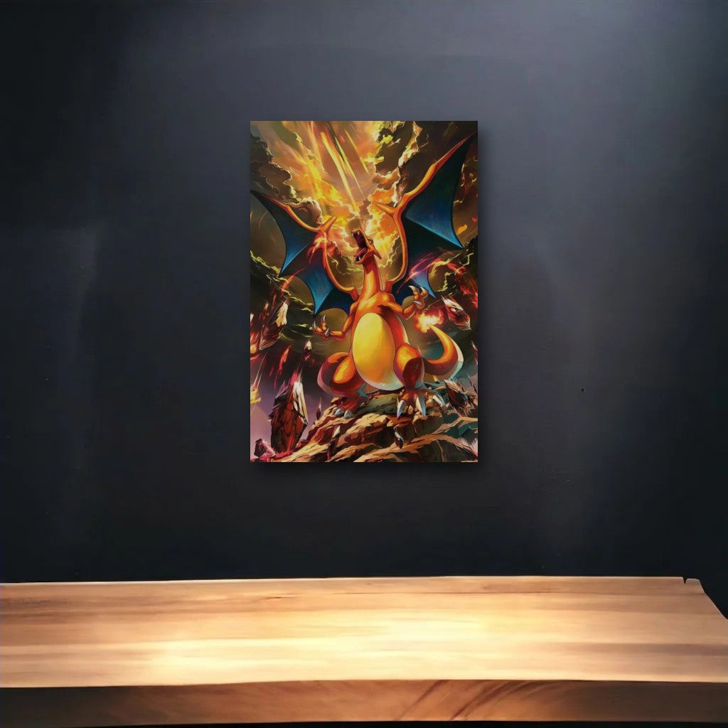 Anime Art glossy acrylic art above a wooden shelf
