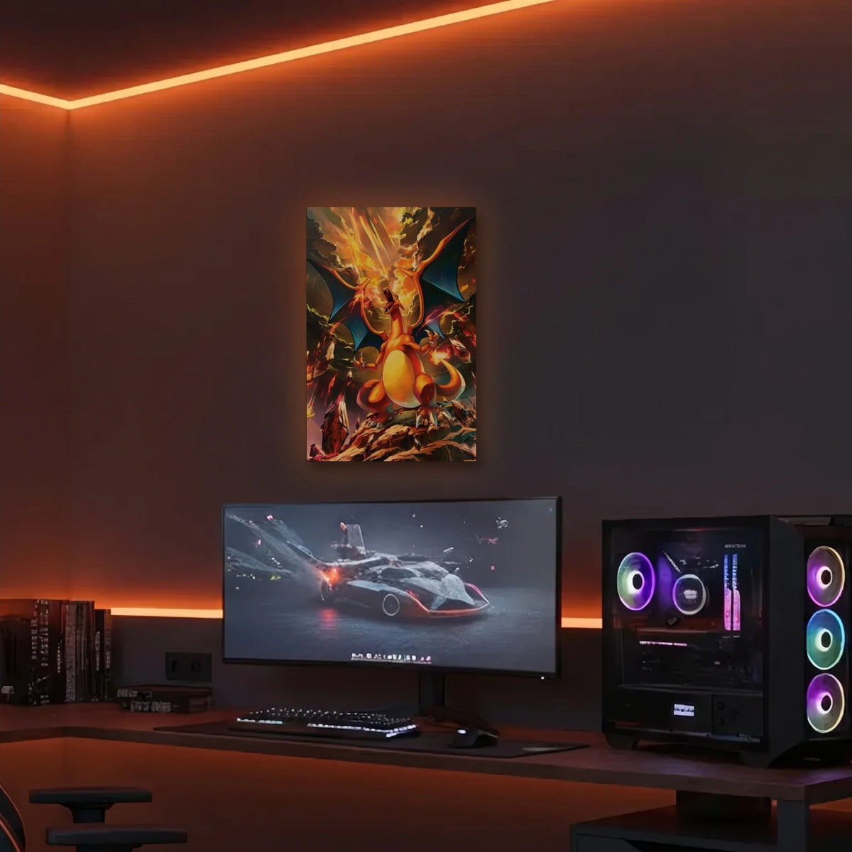 Anime Art acrylic wall art in an orange LED gaming room