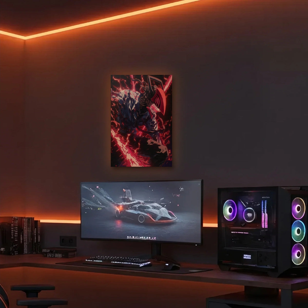 Anime Art acrylic wall art in an orange LED gaming room