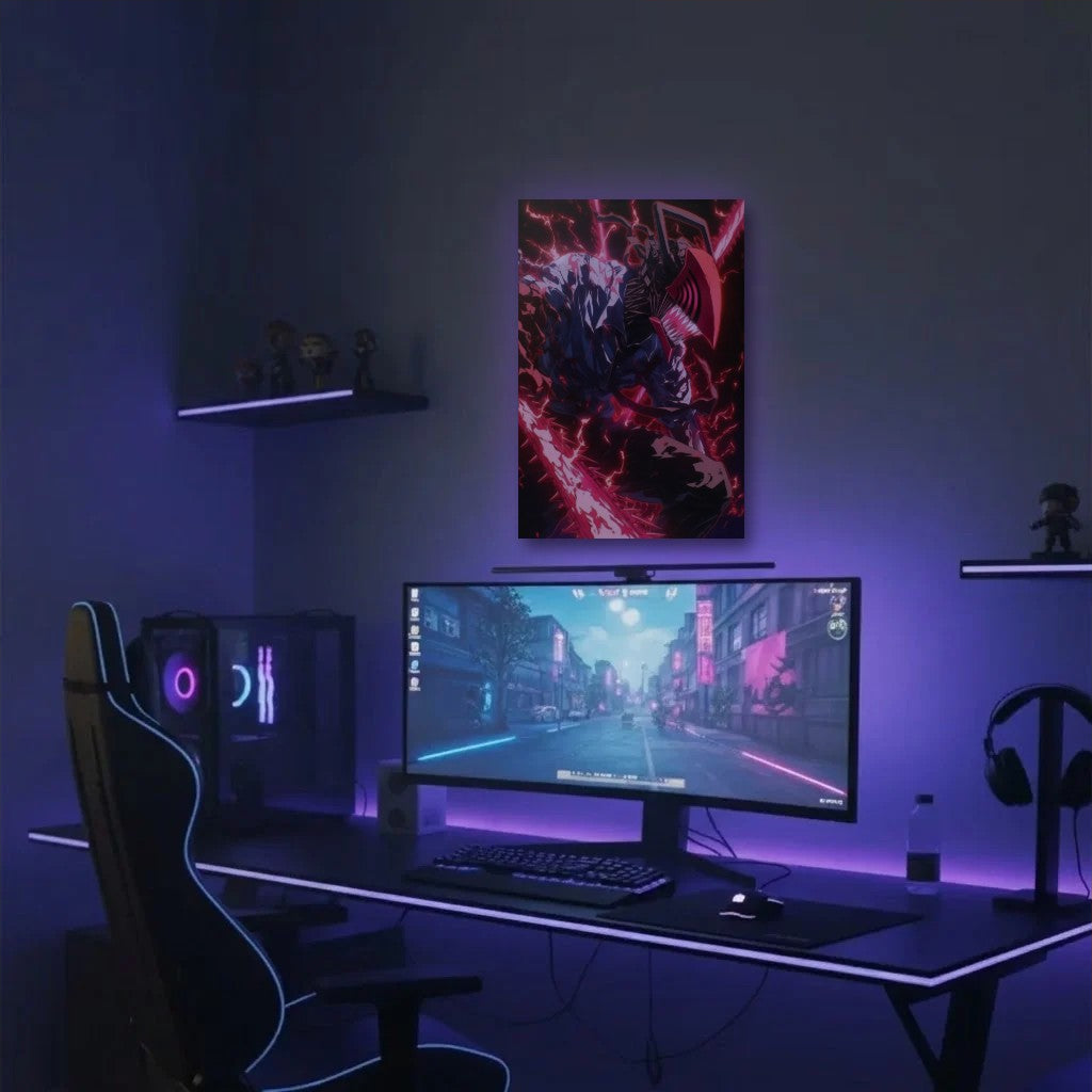 Anime Art acrylic wall art in a purple gaming setup