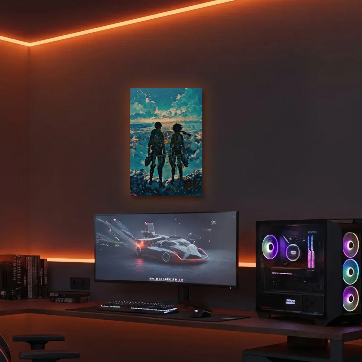 Anime Art acrylic wall art in an orange LED gaming room