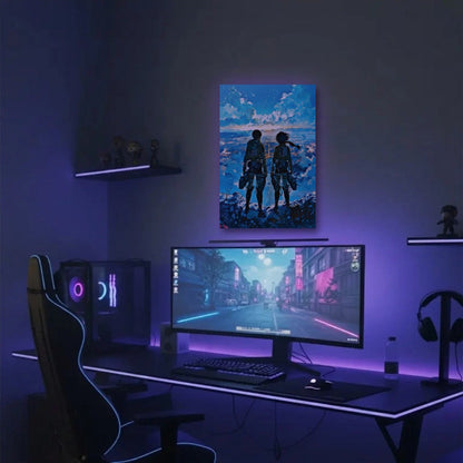 Anime Art acrylic wall art in a purple gaming setup