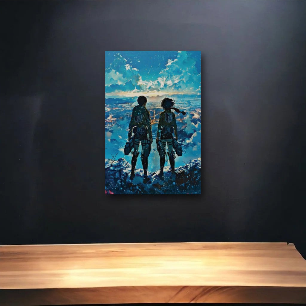 Anime Art glossy acrylic art above a wooden shelf
