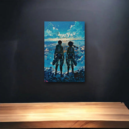 Anime Art glossy acrylic art above a wooden shelf
