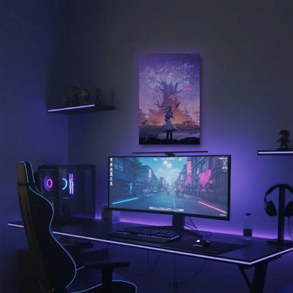 Anime Art acrylic wall art in a purple gaming setup