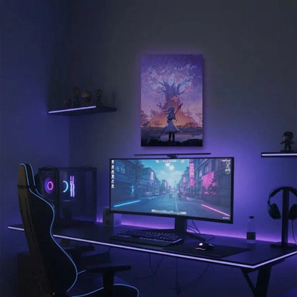 Anime Art acrylic wall art in a purple gaming setup