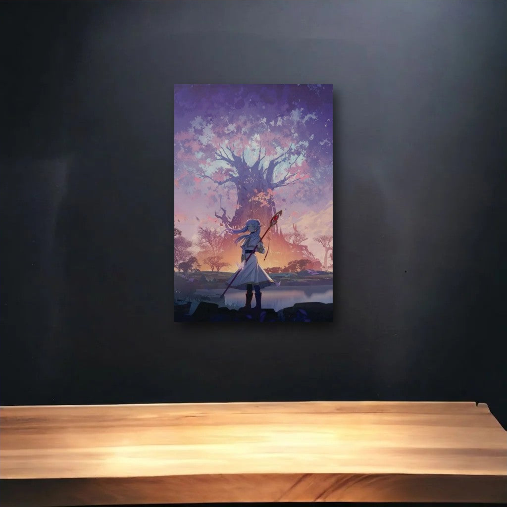 Anime Art glossy acrylic art above a wooden shelf