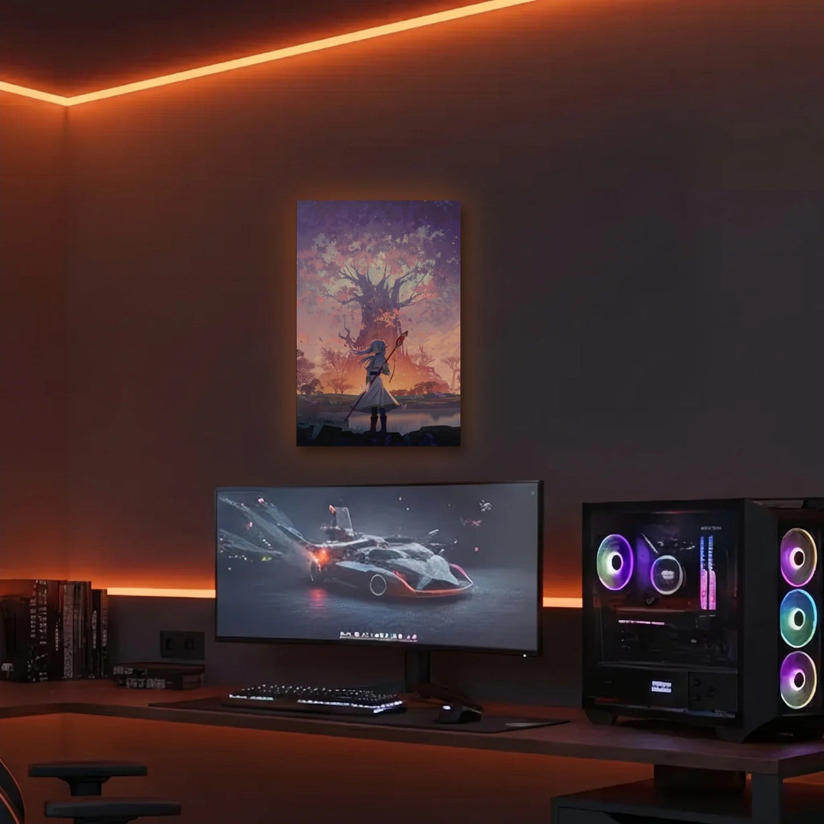 Anime Art acrylic wall art in an orange LED gaming room