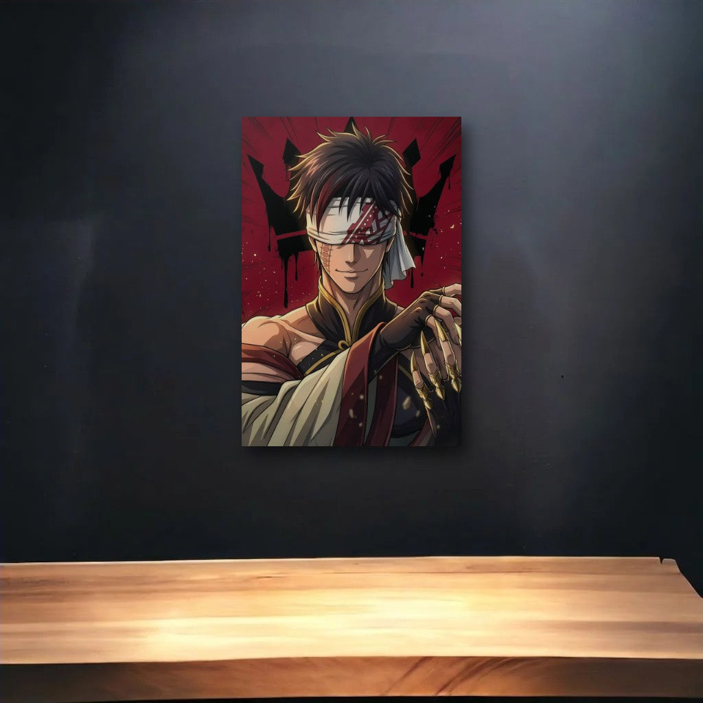 Anime Art glossy acrylic art above a wooden shelf