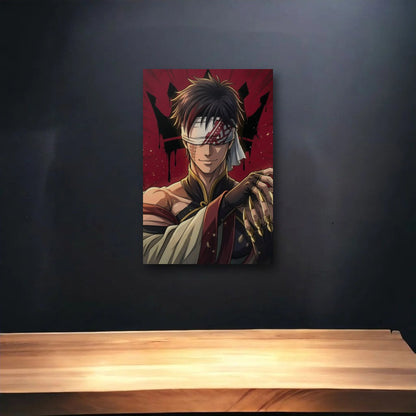 Anime Art glossy acrylic art above a wooden shelf