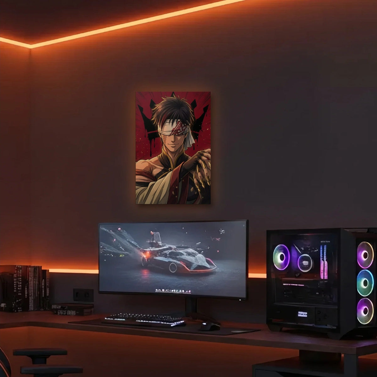 Anime Art acrylic wall art in an orange LED gaming room