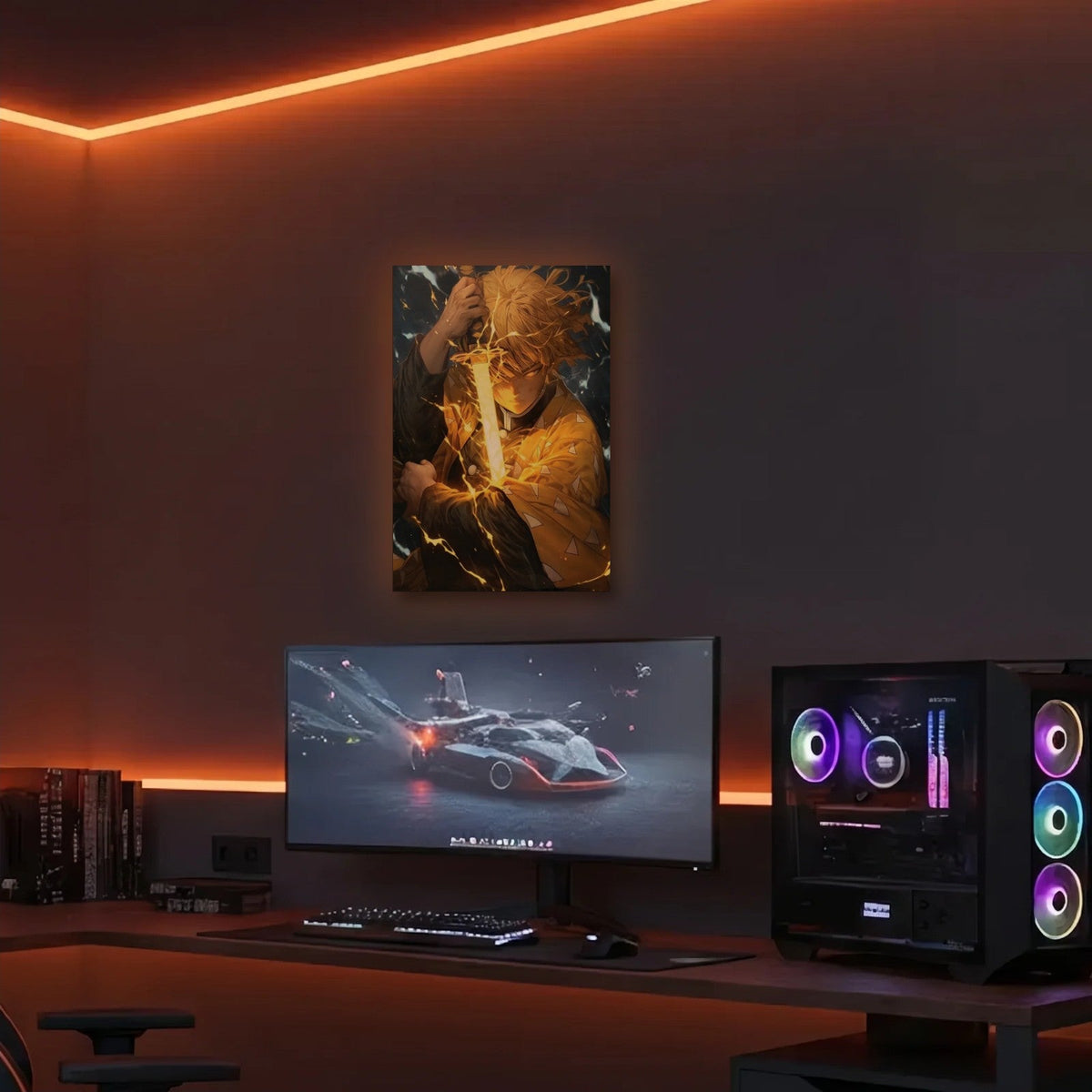 Anime Art acrylic wall art in an orange LED gaming room