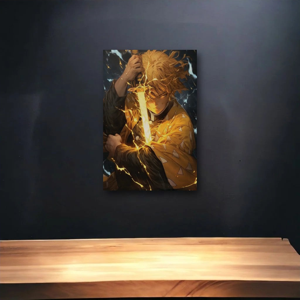 Anime Art glossy acrylic art above a wooden shelf