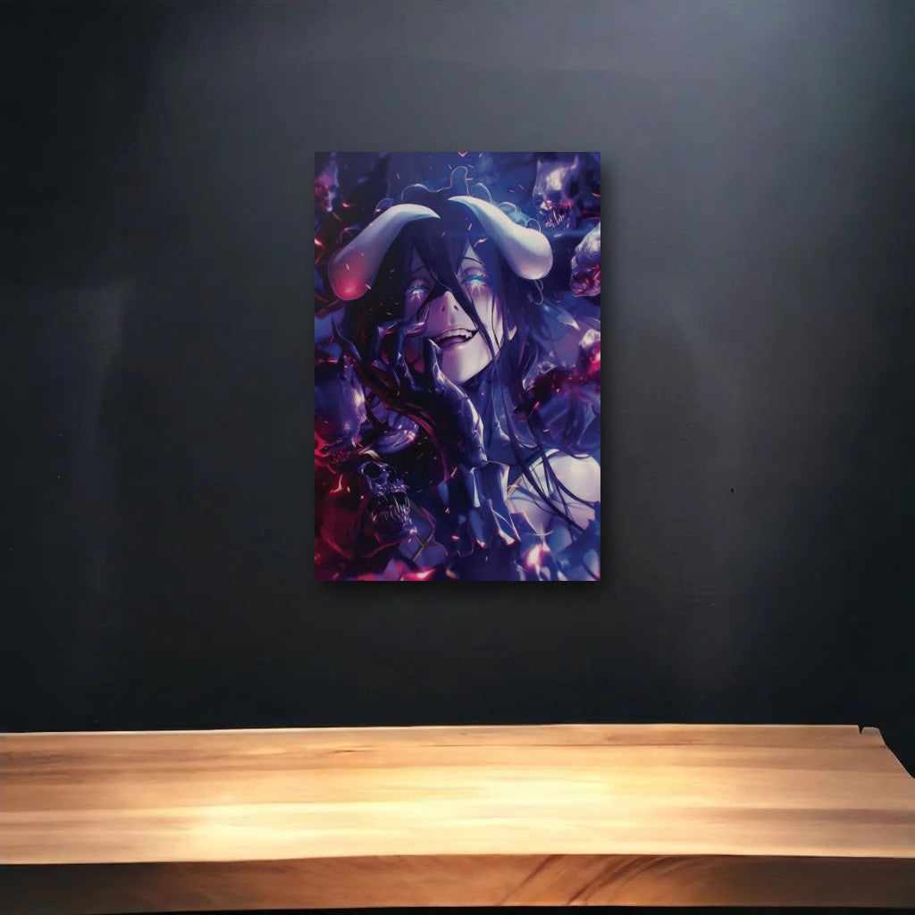 Anime Art glossy acrylic art above a wooden shelf