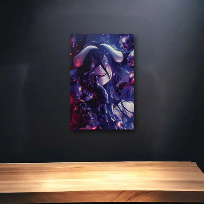 Anime Art glossy acrylic art above a wooden shelf