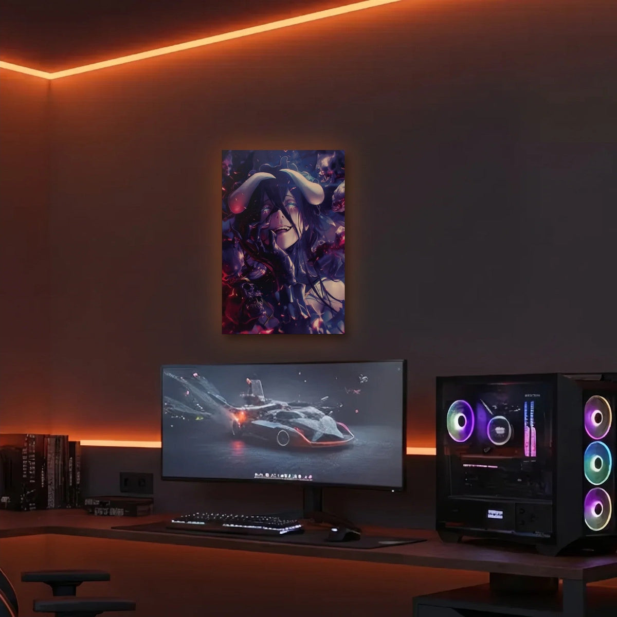 Anime Art acrylic wall art in an orange LED gaming room