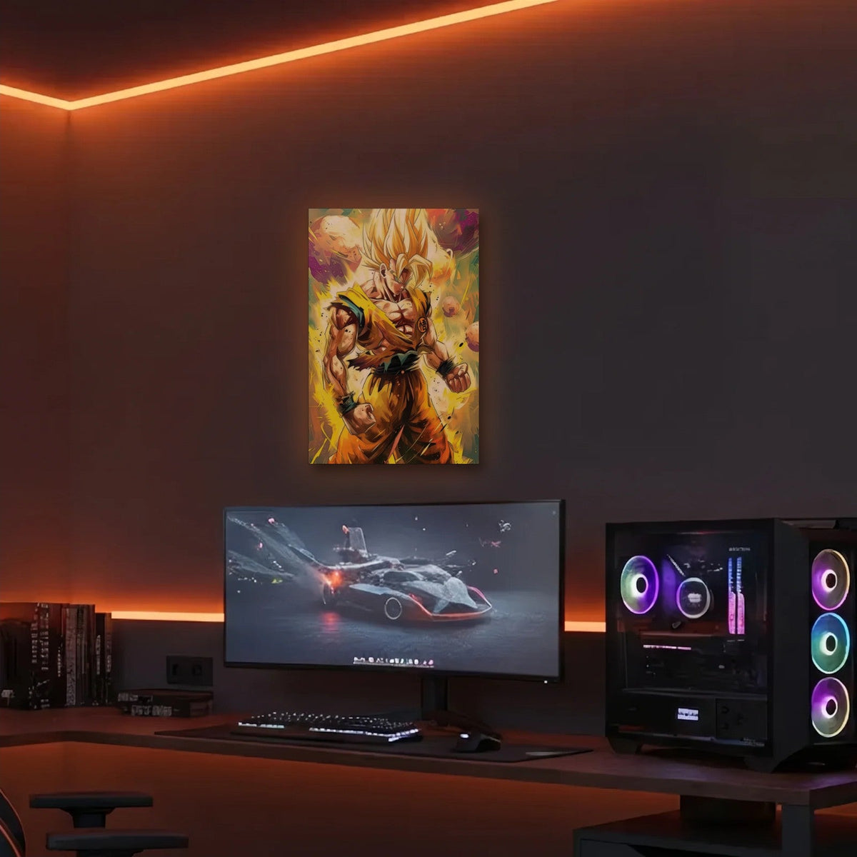 Anime Art acrylic wall art in an orange LED gaming room