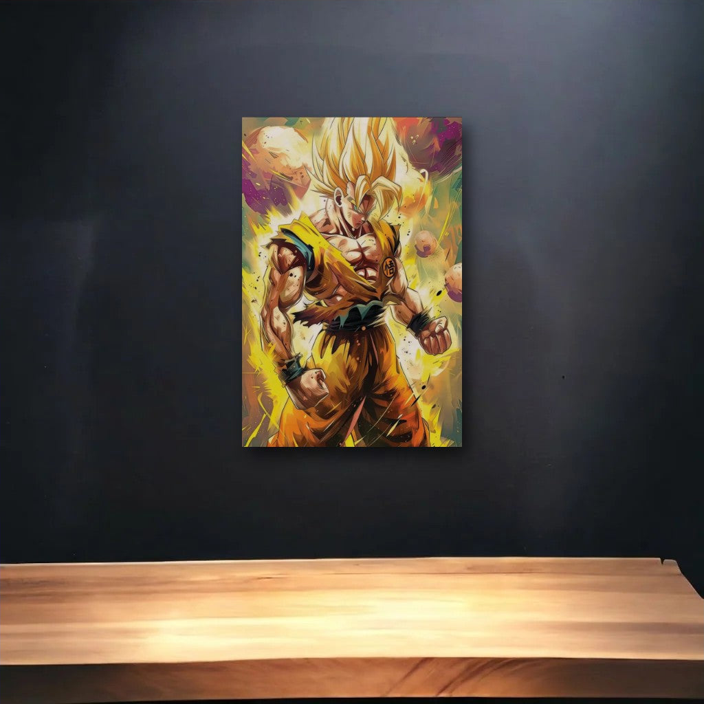 Anime Art glossy acrylic art above a wooden shelf