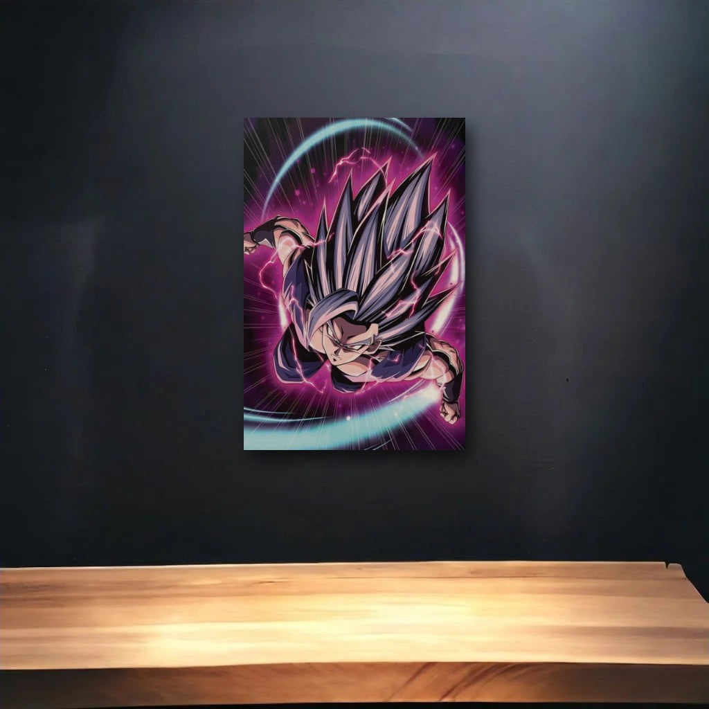 Anime Art glossy acrylic art above a wooden shelf