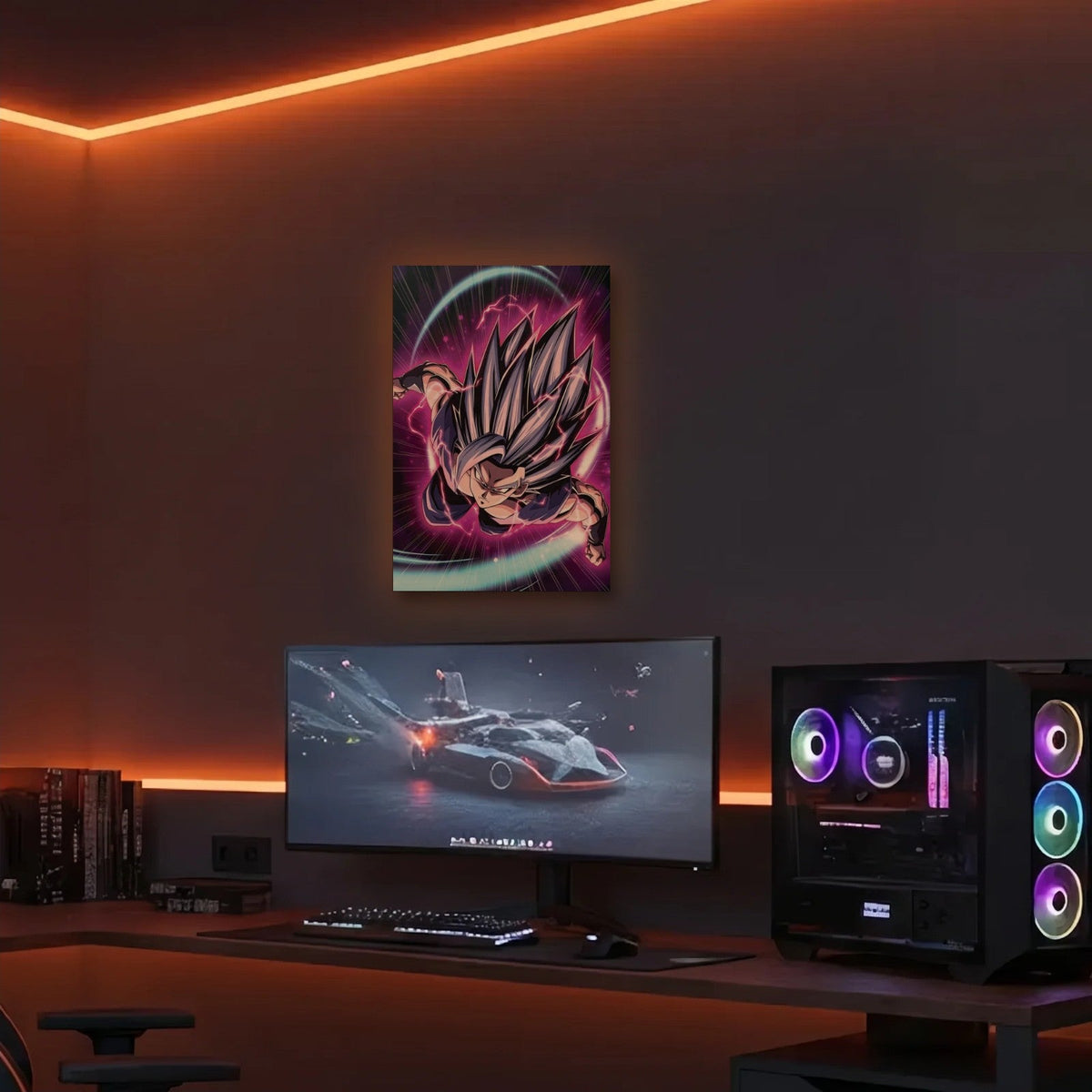 Anime Art acrylic wall art in an orange LED gaming room